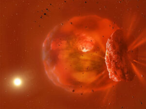 Image shows a visualisation of the huge, glowing planetary body produced by a planetary collision. In the foreground, fragments of ice and rock fly away from the collision and will later cross in between Earth and the host star which is seen in the background of the image. Credit: Mark Garlick.